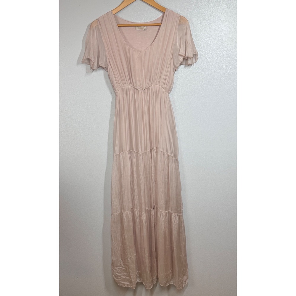 Lara Guidotti Dress Womens S Pink Maxi Silk Tiered Flutter Sleeve Made In Italy
